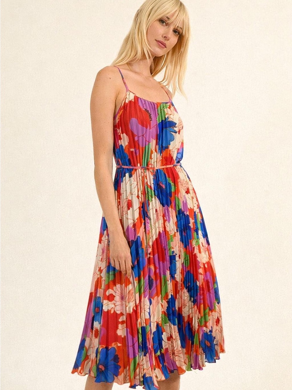 🌼 Sam Edelman Retro Floral Pleated Midi Dress 🌼 Large NWT Bright Multicolor